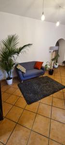 a living room with a blue couch and a rug at Virginia House in Palermo