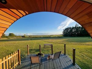 a deck with two chairs and a dog and a fence at Millview Meadow Retreats in Great Yarmouth