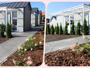 two pictures of a garden with a house at Domki Reval in Rewal