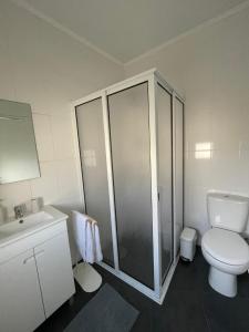 een badkamer met een toilet, een douche en een wastafel bij Arco´s Apartment 1 in Ponta Delgada