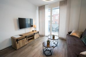 sala de estar con sofá y TV de pantalla plana en Stylisches Apartment im Herzen von Dresden + Parkplatz + Netflix + Self Check-in, en Dresden