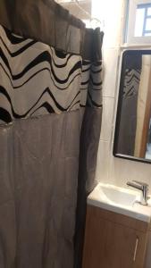 y baño con cortina de ducha y lavamanos. en Mansholl Luxurious Apartment en Freetown