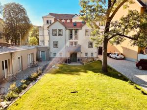 een lege tuin voor een huis met een boom bij Ferienwohnungen Mey Haus zum Rosenstock in Erfurt