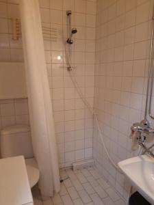 a bathroom with a shower with a toilet and a sink at Viihtyisä yksiö Oulun Tuirassa in Oulu