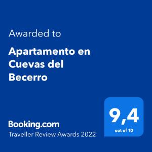 Sertifikat, penghargaan, tanda, atau dokumen yang dipajang di Apartamento en Cuevas del Becerro