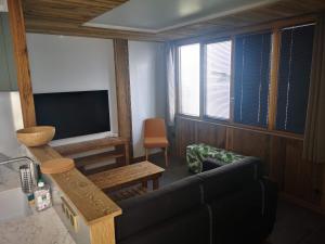 a living room with a couch and a television at Tignes Val Claret - Beau T3 de standing, refait à neuf in Tignes