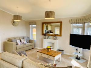 uma sala de estar com um sofá e uma televisão em Hollicarrs - Wildflower Lodge em York