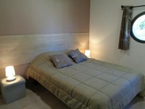 ein Schlafzimmer mit einem Bett mit zwei Kissen und einem Fenster in der Unterkunft Gîte Veauchette, 3 pièces, 4 personnes - FR-1-496-78 in Veauchette