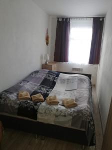 um quarto com uma cama com duas almofadas em Apartmán Petra em Kovářská