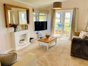 a living room with a tv and a couch and a table at Hollicarrs - Wildflower Lodge in York