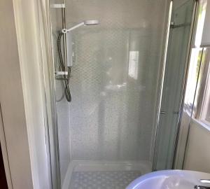 a shower with a glass door next to a sink at Secret Chalet in Newton Poppleford