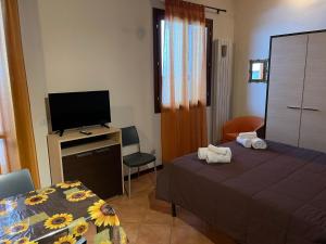 1 dormitorio con 1 cama, TV y mesa en Residence Cimone SuperSci en Riolunato