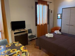 a bedroom with a bed and a tv and a table at Residence Cimone SuperSci in Riolunato