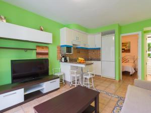 a kitchen and living room with green walls at Amarre Port in Puerto de Mogán