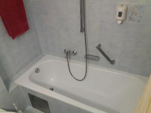 una vasca da bagno bianca con doccia e tubo di Austria Traveller Hotel Lenzing a Lenzing Altre 19 foto