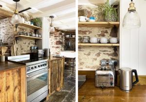 Kingsand的住宿－Calm Cottage - Kingsand，两张图画,厨房配有炉灶和柜台