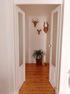 a hallway with a door and antlers on the wall at Casa da Umbria in Odemira
