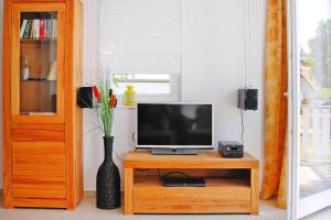 a television on a wooden table with a vase at Semi-detached house Rügentraum, Glowe in Glowe