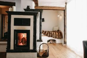a living room with a fireplace in a room at Naturhotel Die Maise in Hayingen