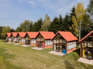 a row of houses with red roofs in a field at Nowe domy na Mazurach- Totutaj Wejsuny in Pisz