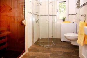 a bathroom with a shower and a toilet at Ferienhaus Kranichnest, Zirchow in Zirchow +13 photos