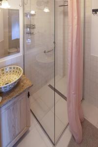 La salle de bains est pourvue d'une douche en verre et d'un lavabo. dans l'établissement Moje Tatry Gluten Free, à Biały Dunajec