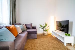 uma sala de estar com um sofá e uma televisão de ecrã plano em Central Apartment em Iława