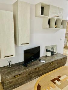 a living room with a flat screen tv on a wooden entertainment center at Conest Studio in Iaşi
