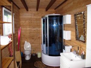 uma casa de banho com um WC, um chuveiro e um lavatório. em Chalet The Dream avec Piscine à 150m de la Plage em Albion