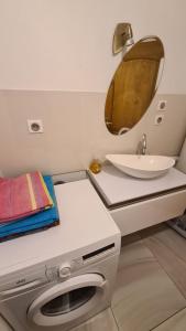 a bathroom with a white sink and a mirror at le bonheur est parfois cache dans l'inconnu in Sélestat