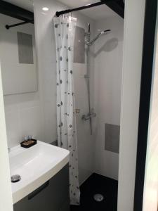 a white bathroom with a sink and a shower at Studio de Charme neuf à la Montagne in Puget-Rostang