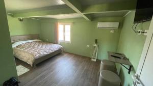 - une chambre verte avec un lit et une fenêtre dans l'établissement Hotel ID, à Shkodër
