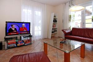 a living room with a couch and a television at Ferienhaus Lotusblume in Zirchow in Zirchow