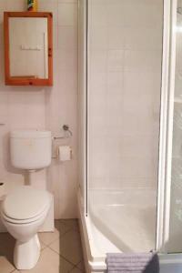 a bathroom with a toilet and a shower at Ferienwohnungen Blaues Haus, Putbus in Putbus