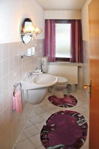 ein Bad mit einem Waschbecken, einem WC und einem Fenster in der Unterkunft Holiday house "Rennsteig" , Suhl in Suhl