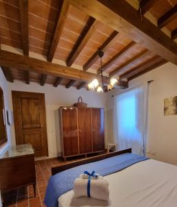 a bedroom with a bed in a room with wooden ceilings at Il Castello di Monteggiori in Camaiore