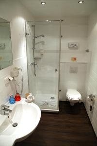 a bathroom with a shower and a sink and a toilet at Hotel Paulsen in Zeven