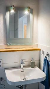 a bathroom with a white sink and a mirror at Ferienwohnung Trendelmühle Lautrach in Lautrach