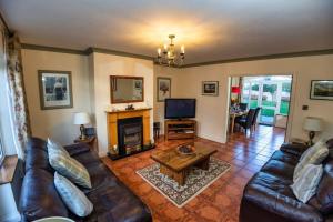 a living room with a leather couch and a television at 21 Killarney Holiday Village in Killarney