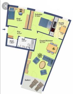 un plano de una casa en Ruhige 3 Zimmer EG Wohnung nähe VW, Klinikum, im Zentrum, en Wolfsburg