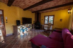 Una sala de estar con un sofá morado y un televisor. en Casa Espinalbet, en Castellar del Riu