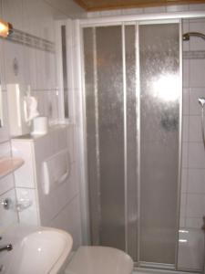 a bathroom with a shower and a toilet and a sink at Pension Rieder in Alpbach