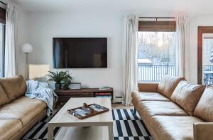 a living room with a couch and a tv at Acorn Bungalow - Luxury Cabin, Catskills, Windham Mountain, Hunter Mountain in Cairo
