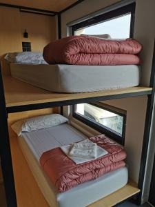 3 Etagenbetten in einem Zimmer mit Fenster in der Unterkunft Los Tres Abetos in Arzúa