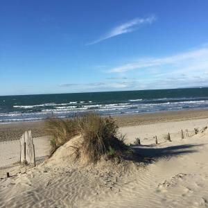 a sandy beach with a wooden fence and the ocean at Studio vue port, parking privé, terrasse, clim in Le Grau-du-Roi
