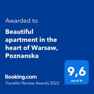 Certifikát, hodnocení, plakát nebo jiný dokument vystavený v ubytování Beautiful apartment in the heart of Warsaw, Poznanska