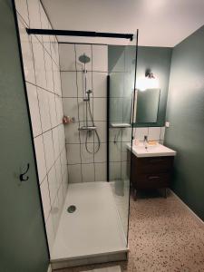 W łazience znajduje się prysznic i umywalka. w obiekcie Le Bienvenu - T2 avec terrasse au coeur de Malo w mieście Dunkierka
