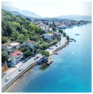 an aerial view of a city next to a river at Olive tree apartments in Tivat