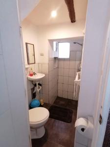 un piccolo bagno con un water e un lavandino di Asiriq Wasi Guest House a Cuzco Altre 25 foto