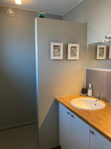 La salle de bains est pourvue d'un lavabo blanc et d'un comptoir. dans l'établissement B&B De Grote Plaats, à Hoogstraten